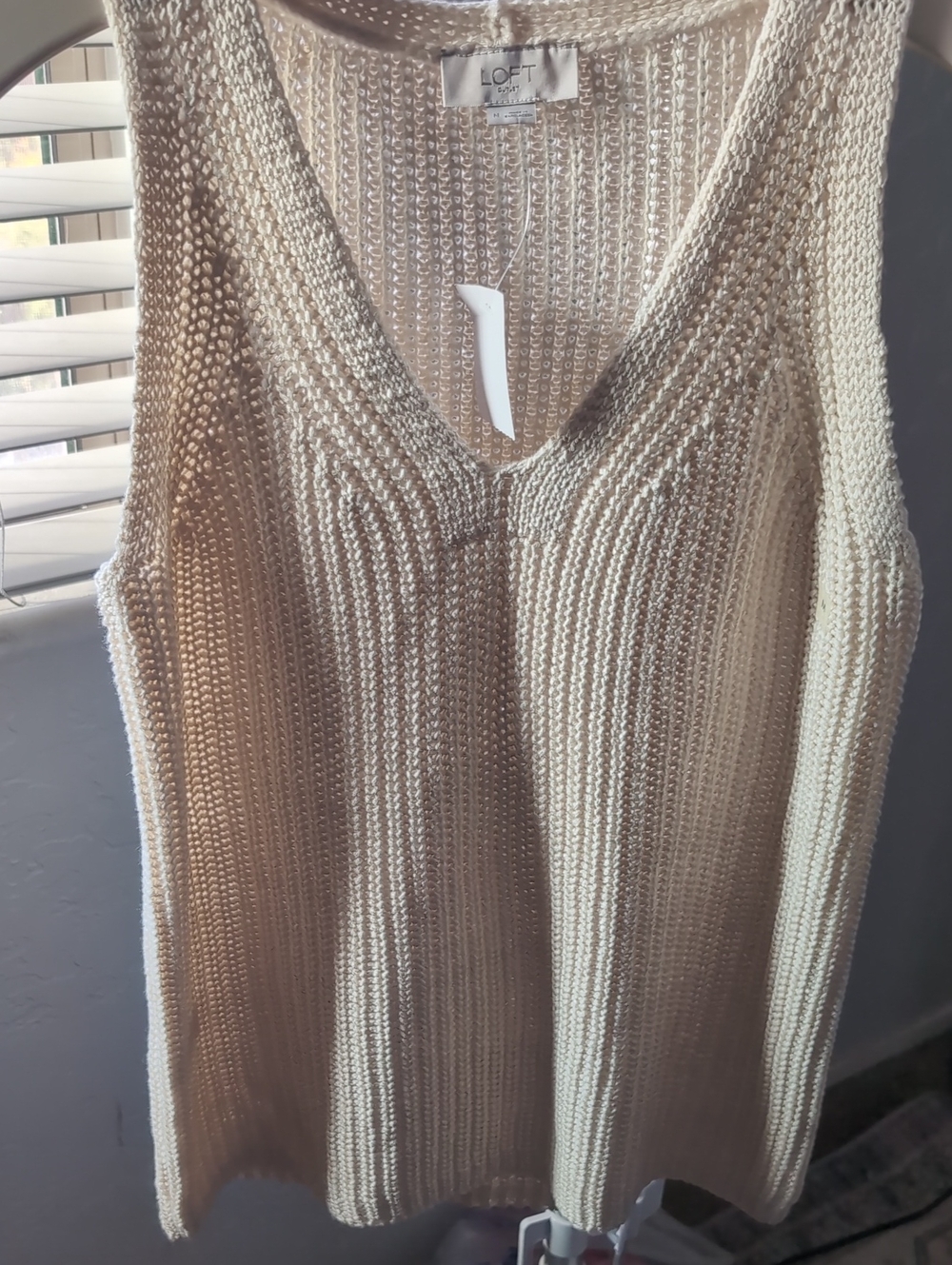 LOFT Cream Ribbed V-Neck Knit Tank Sweater